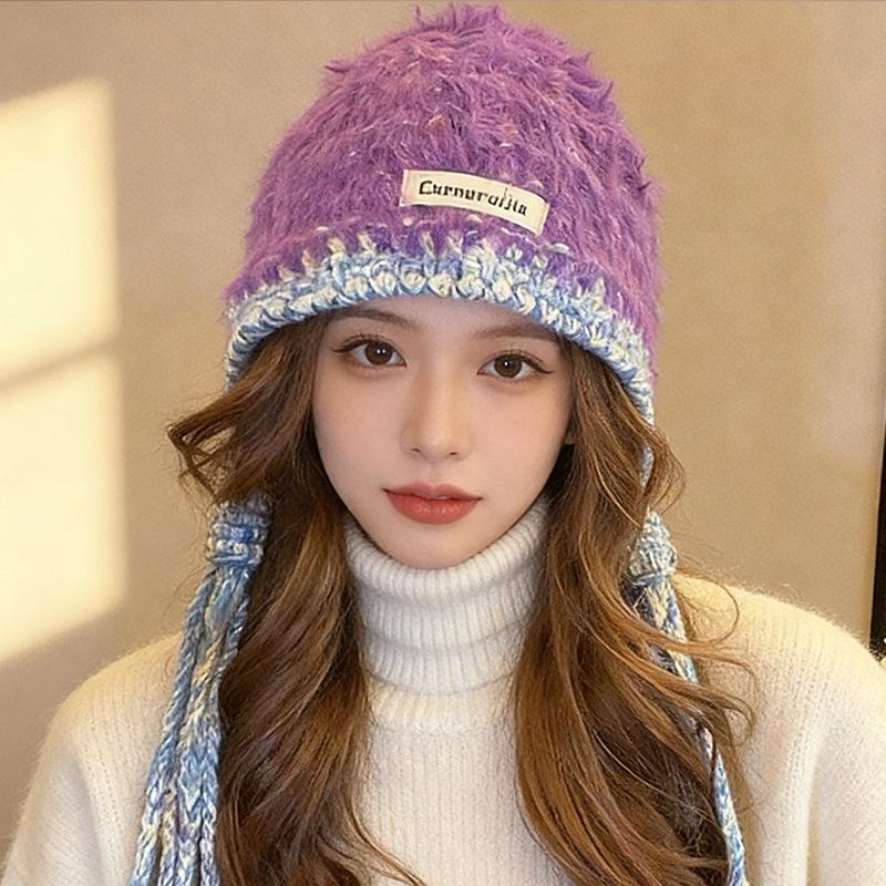 Color matching knitted tied hat autumn and winter contrasting stripes windproof and warm ear protection versatile wool bald hat M（56-58cm） фиолетовый