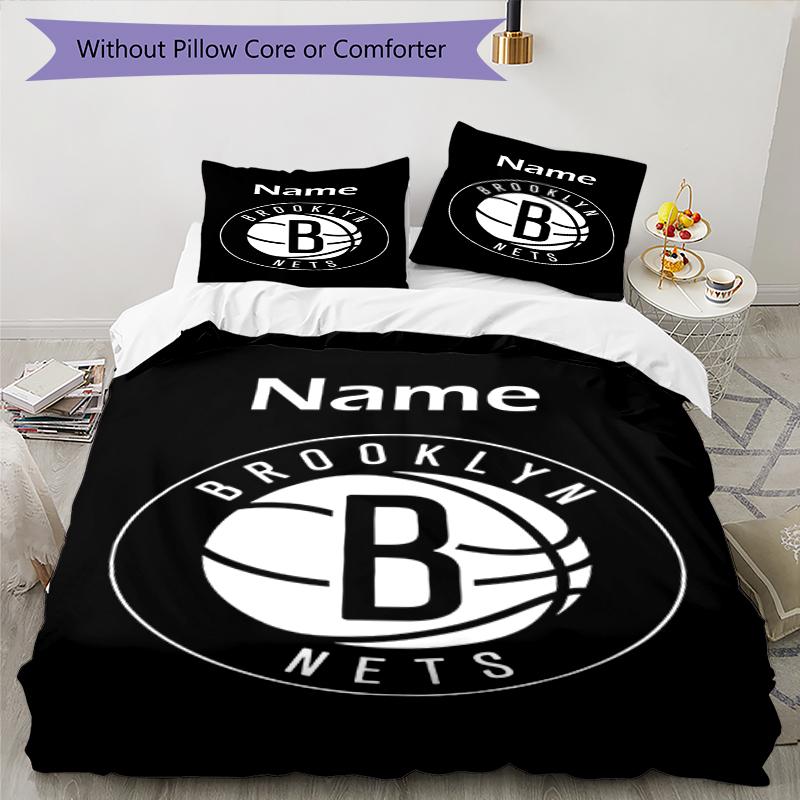 3pcs Custom Name Brooklyn Nets Bedding Set Duvet Cover Closure Includes 1 Duvet Cover & 2 Pillowcases, Soft and Comfortable for All Seasons.