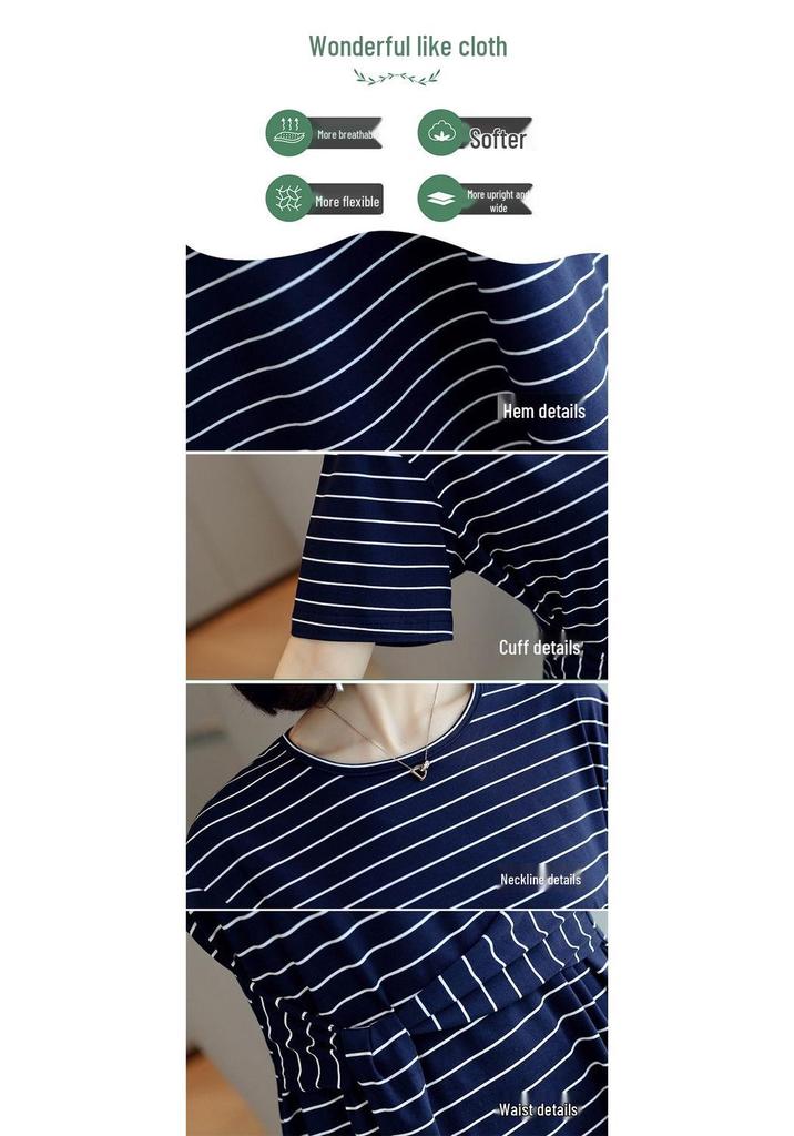 Southeast Asia Plus Size Mid-Length Striped Short Sleeve Waist-Cinching Dress, Korean Style 2026