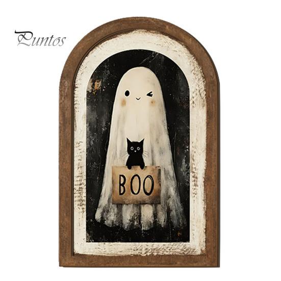 Cute Ghost Arch Shaped Sign Halloween Wall Decor, Table Sign, Vintage Framed Fall Season Decorative Accent Picture, Art for Mantel Living Room Bedroom
