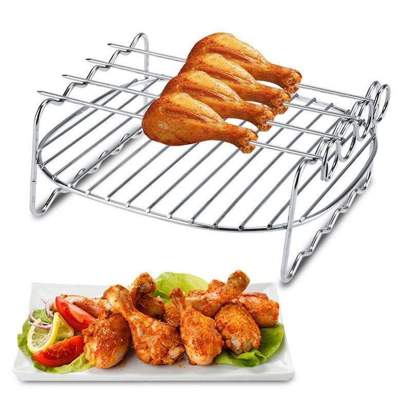 7Inch Air Fryer Rack Set Versatile Grilling Rack Double Layer Rack with Skewers Steaming Drain Oil Holder for Kitchen