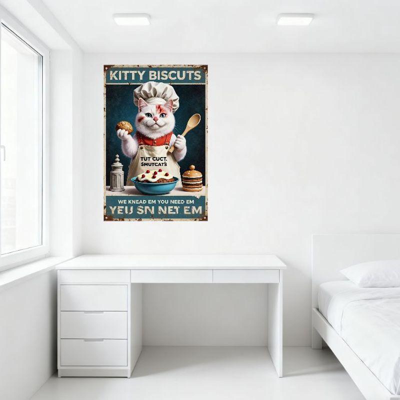 Vintage White Chef Cat with Blue Eyes Metal Tin Sign - KITTY BISCUITS Weathered Rusty Poster for Home Bar Café Restaurant Decor