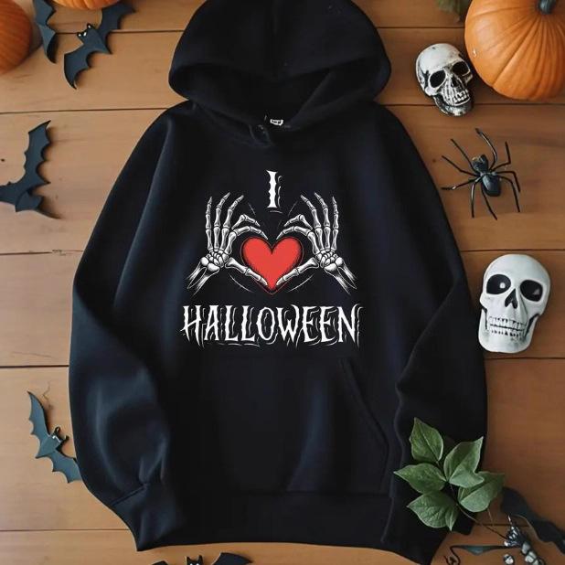 Ladies Spring Autumn Casual Hooded Long Sleeve Big Pocket Halloween Skull  Bones Printed Pullover Hoodies Sweatshirt Top