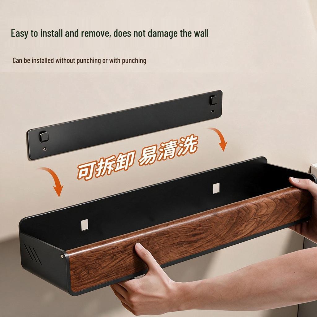 Walnut Corner Bathroom Shelf for Cosmetics, No-Drill Triangle Stand.