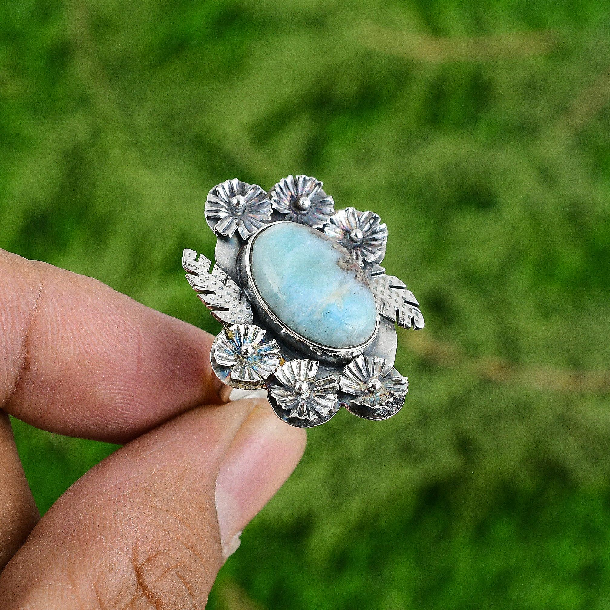 

Wedding Gift For Her 925 Silver Natural Larimar Statement Flower Adjustable Ring Adjustable