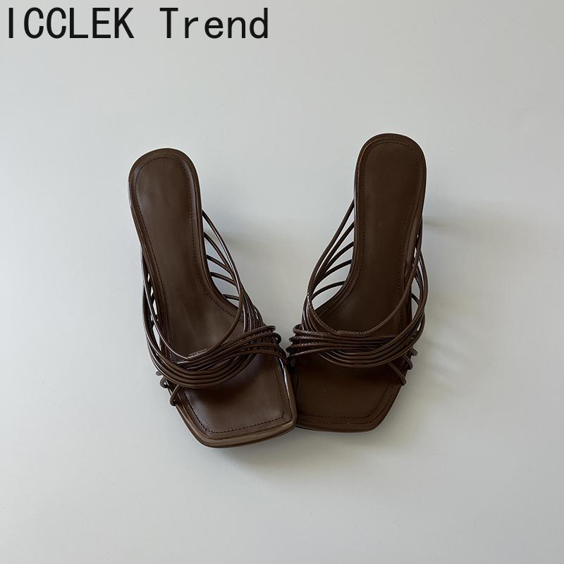 2025 New Summer Concise Narrow Band Women Slippers Fashion Thin Heels Party Pumps Mules Slide Shoes