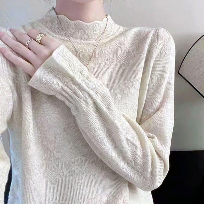 

Французский романтический кружевной воротник с кружевной основой, рубашка, шикарный жаккардовый свитер с длинными рукавами, свободный ажурный топ OneSize: бежевый