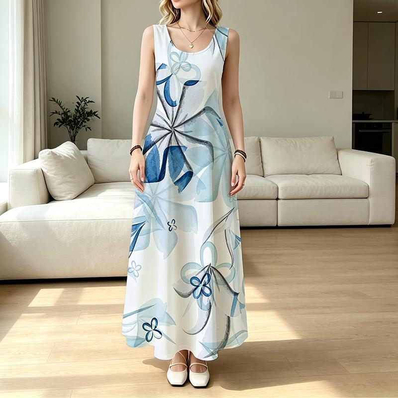 Women's Sleeveless Maxi Dress Loose Fit,Lightweight Breathable,Blue & White,Ideal for Beach Vacation & Daily Casual Outings,Simple & Versatile Fashion