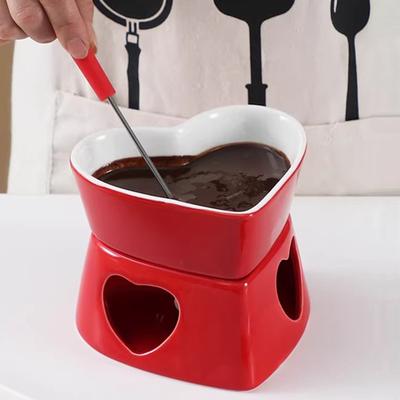 Ceramic Chocolate Fondue Pot Heart Shaped Mini Fondue Pot Set 320ML Cheese & Chocolate Fondue Pot for Parties Cozy Nights Gifts