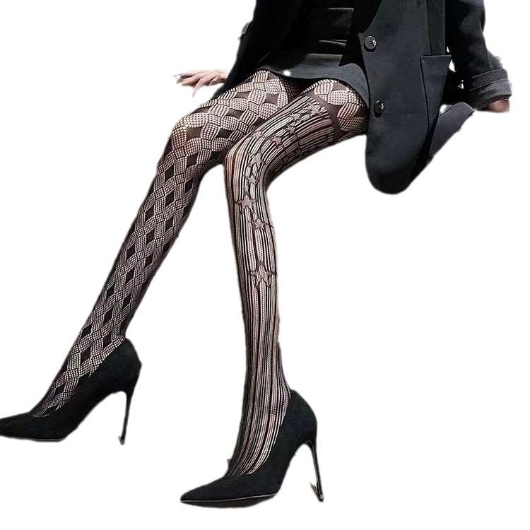 Ultra-Thin Asymmetrical Stockings Women'S Black Striped Fishnet Stockings Geometric Pattern Bottoming Pantyhose