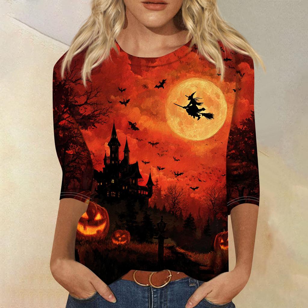 Women's Casual Crew Neck Three Quarter Sleeve Halloween Print T Shirt Top Lightweight Comfortable Fit for Everyday Wear