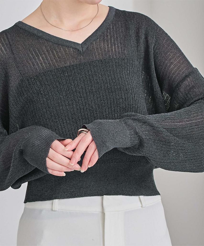 Yours Sheer Rib Knit BFXU1820 Medium Charcoal V-Neck Lamé Women's