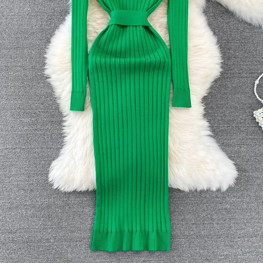 Heißer Rollkragen Sexy Wrap Hüften Gestrickte Kleider Frauen Kleid 2023 Herbst Winter Langarm Bodycon Pullover Kleid mit Gürtel Langarm Wrap Vestidos