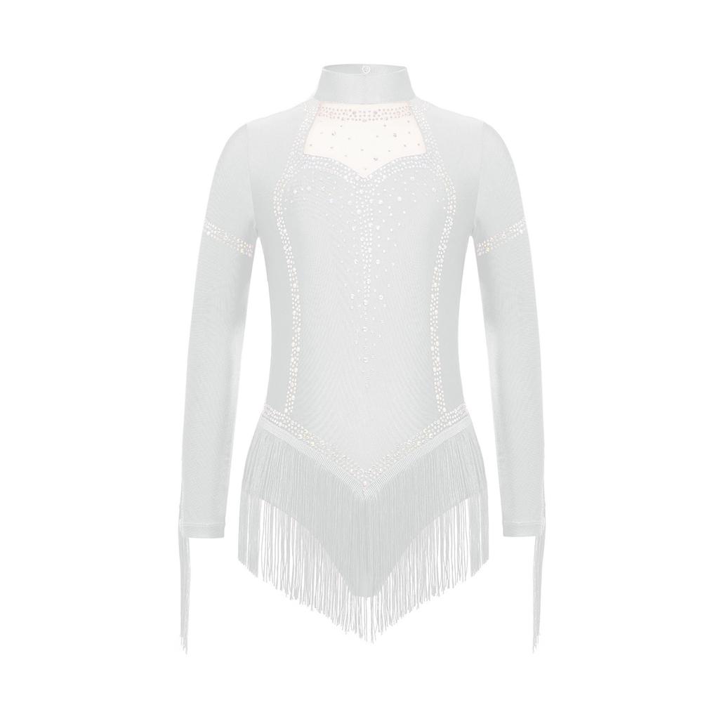 Girls Fringe Latin Dance Costume Mock Neck Long Sleeve Keyhole Back Shiny Rhinestones Tassels Leotard