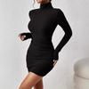 Mode Rollkragen Damen Strick Kurzkleid Herbst und Winter Neu Langarm Rippstrick Hüftbetont Lässige Partykleider Bodycon Schlichte Kleidung 2708