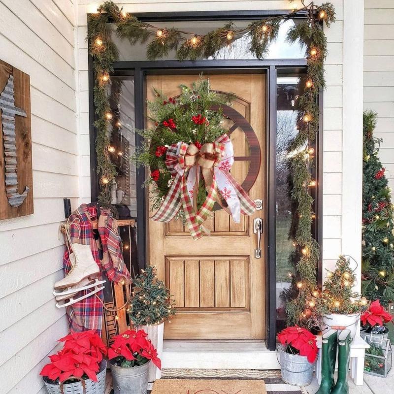 Christmas Wooden Wagon Wheel Wreath Simulation Winter Themed Party Bar Door