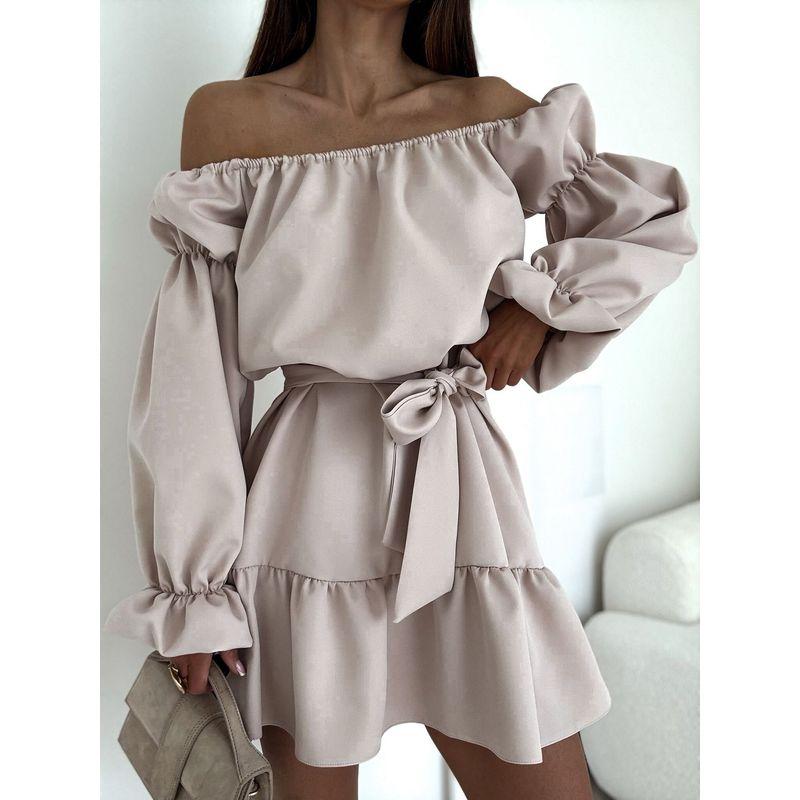 

2025 European and American Fashion Casual Solid off-Shoulder Waist Hugging One piece Dress Women clothing Pinkish XXL