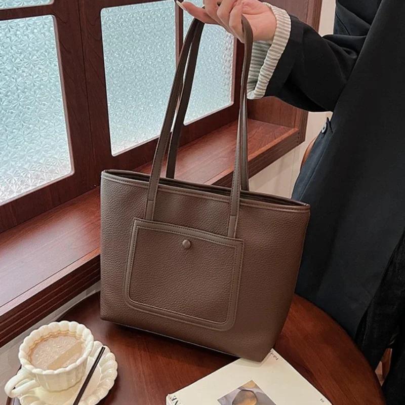 Simple solid PU shoulder bags with zipper large capacity high quality grace commute casual tote