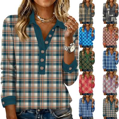 Women's Retro Street Lazy V,neck Long Sleeve Button Plaid Print Pullover Top