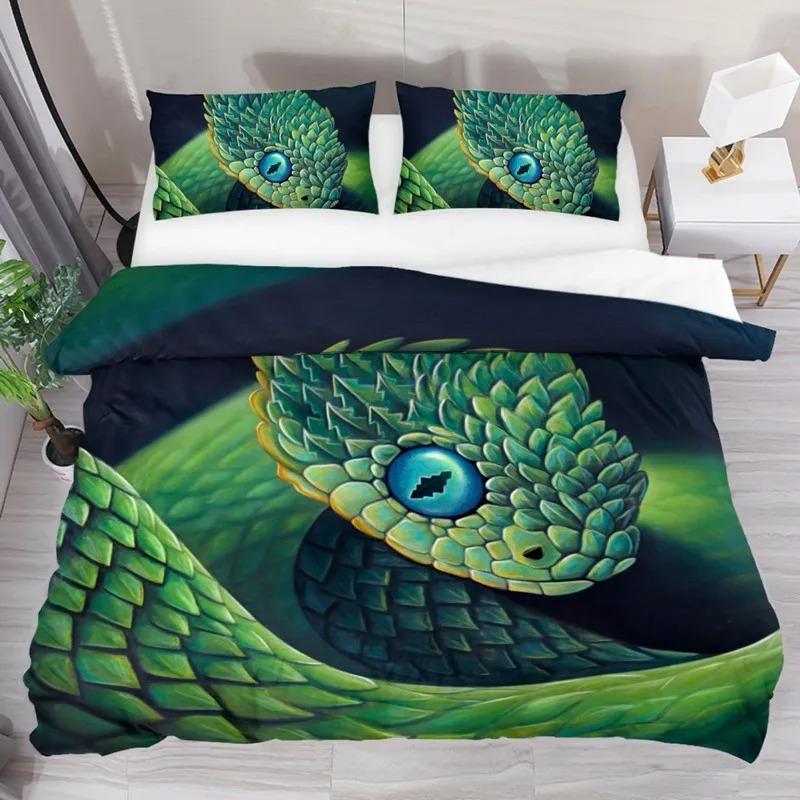 

Пододеяльник с принтом змеи 3D, комплект постельного белья размера «queen size» для детей и взрослых, декор для гостиной, зеленое одеяло с принтом змеи и кобры US King 264x228cm
