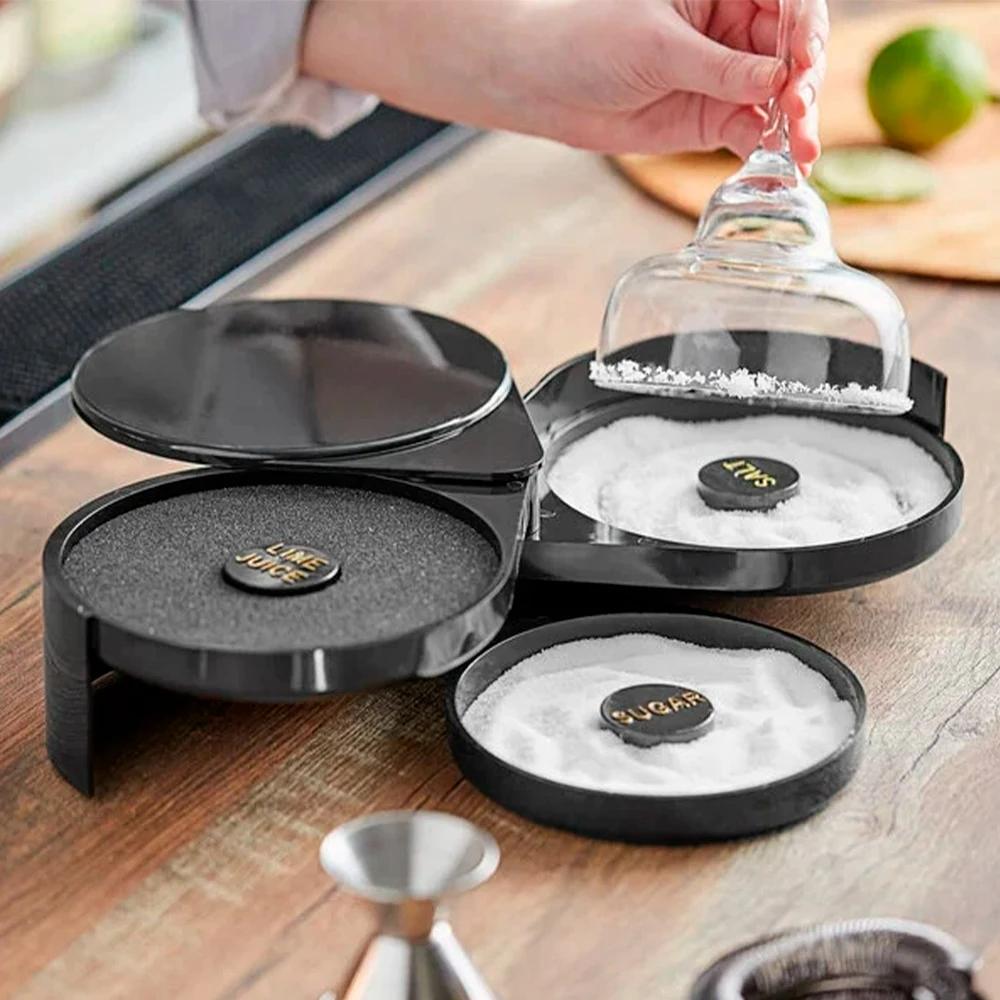 3 Tier Salt and Sugar Tray with Rotating Base for Cocktail Margarita Juice Rim Seasoning Tool Multi Layer Condiment Box