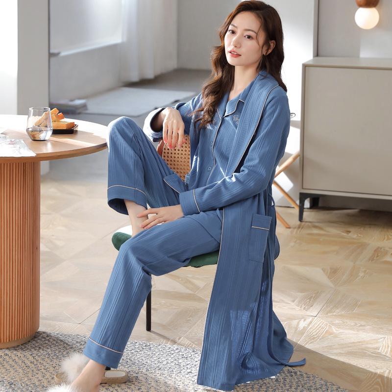 Paar Nachthemd Damen Frühling und Herbst Baumwolle Langärmeliger Bademantel Pyjama Herren Herbst Lang Yukata Loungewear Dreiteiliges Set