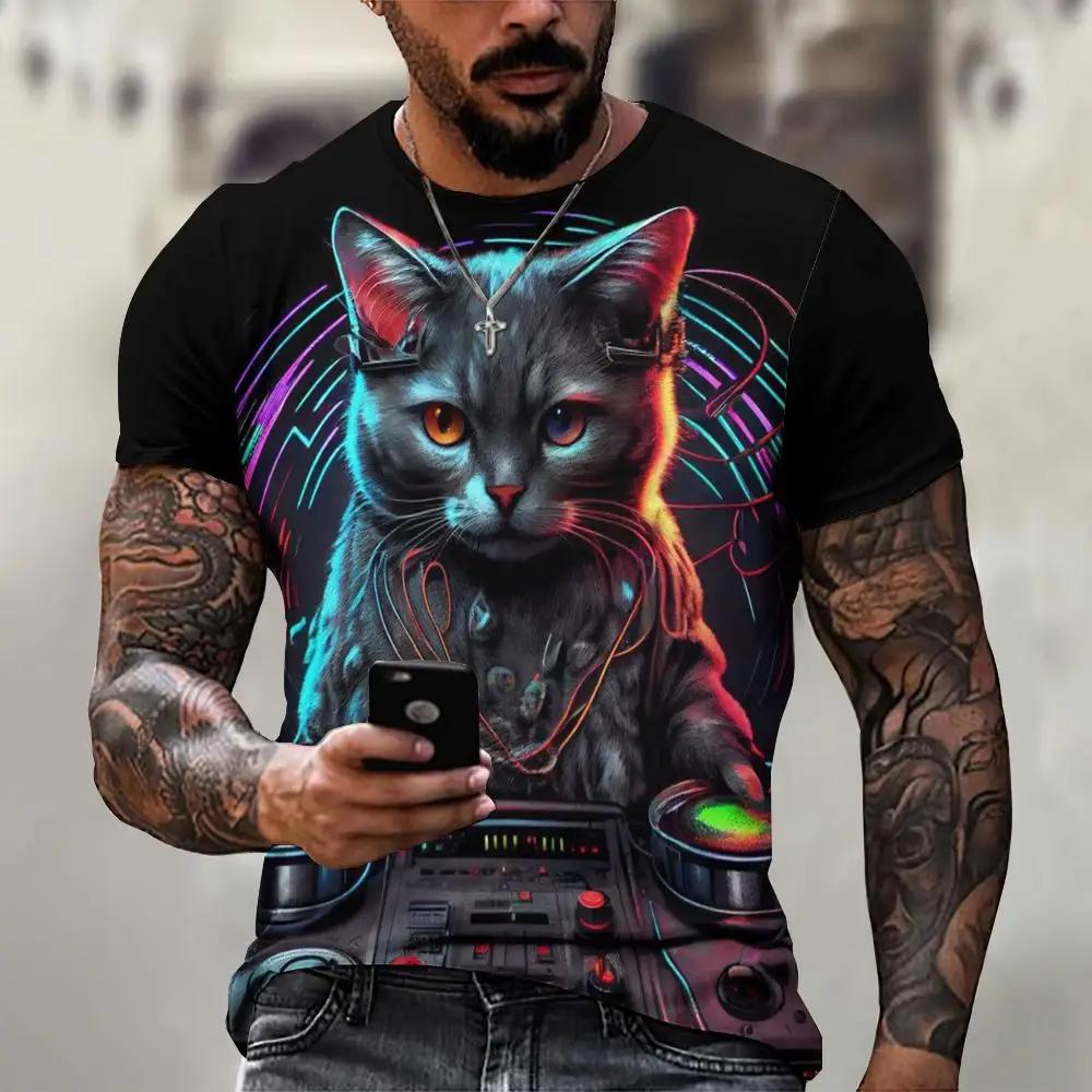 Men's 3D Printed T-Shirt Cute Cat Pattern Print Short Sleeve O-Neck Pullover Casual Top