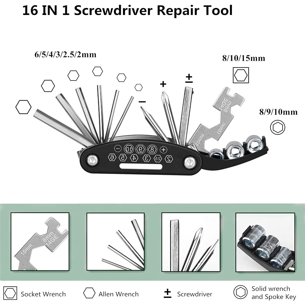 Universal Bicycle Repair Tool Includes Tire Tire Puncture Repair Bicycle Tool Master Link Crank Pull Tire and Bicycle Essentials Kit, Pump, Kit,