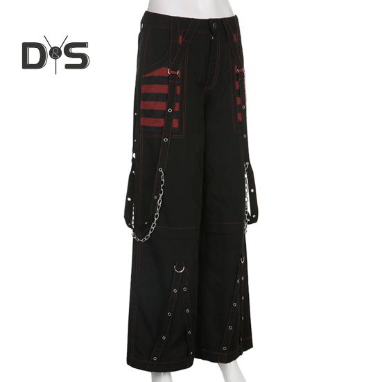 Women Pants High Waist Color Block Wide Leg Casual Trousers Loose Fit Retro Cool Long Pants Streetwear