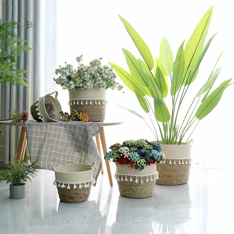 Nordic-style Rattan-woven, Straw-woven Flower Basket, Bamboo-woven Planter for Green Plants, Floor-standing Willow-woven Plant
