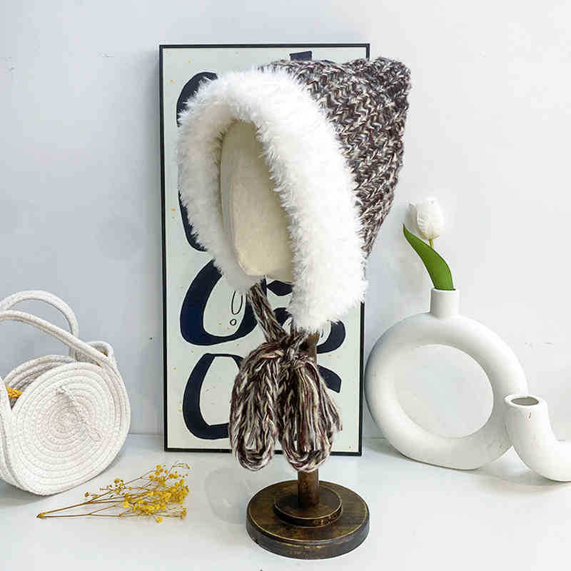 

Милая плюшевая вязаная шапка с кошачьими ушками, большой окружностью головы, подчеркивающая маленькое лицо, красочная, из толстой шерсти, контрастного цвета, шапка с защитой ушей One Size