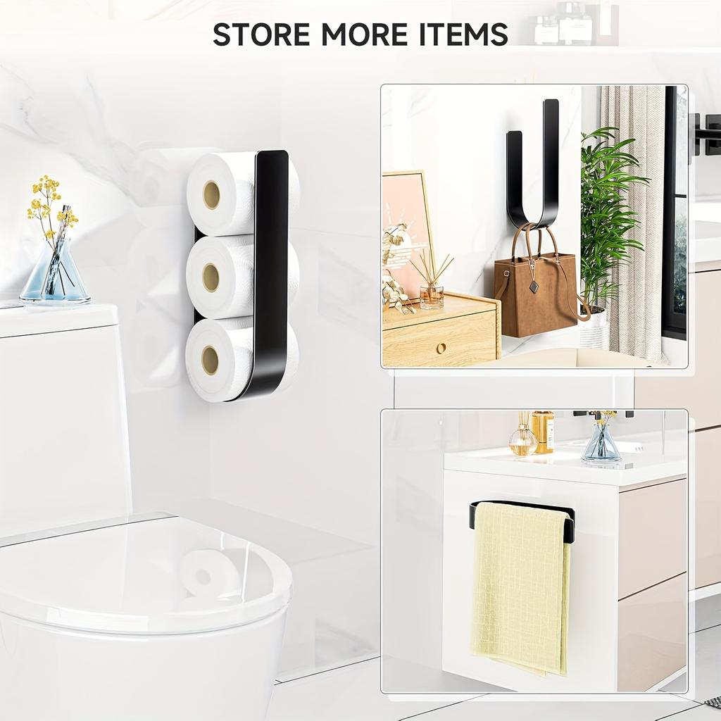 3-in-1 Wall-Mounted Toilet Paper Holder with Towel Rack & Hooks - Black Metal, Space-Saving Design for Bathroom, Kitchen, Living Room, Bedroom & RV