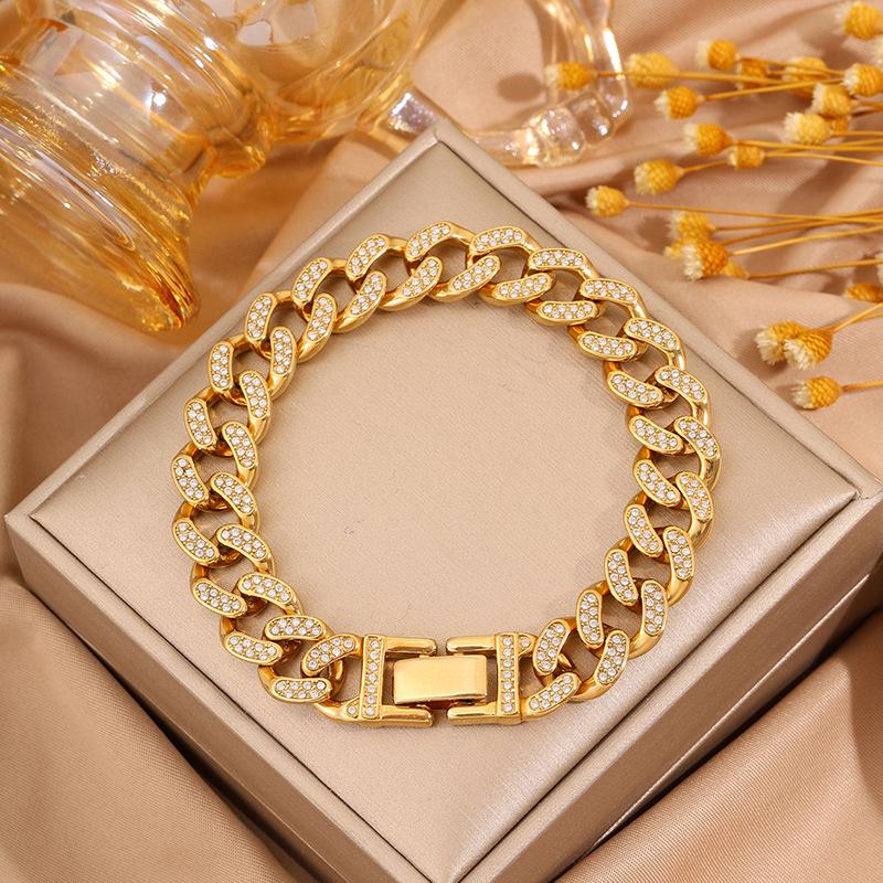 18K Gold Plated Women's Titanium Steel Cuban Chain Bracelet with Diamond Inlay - Luxurious European & American Fashion