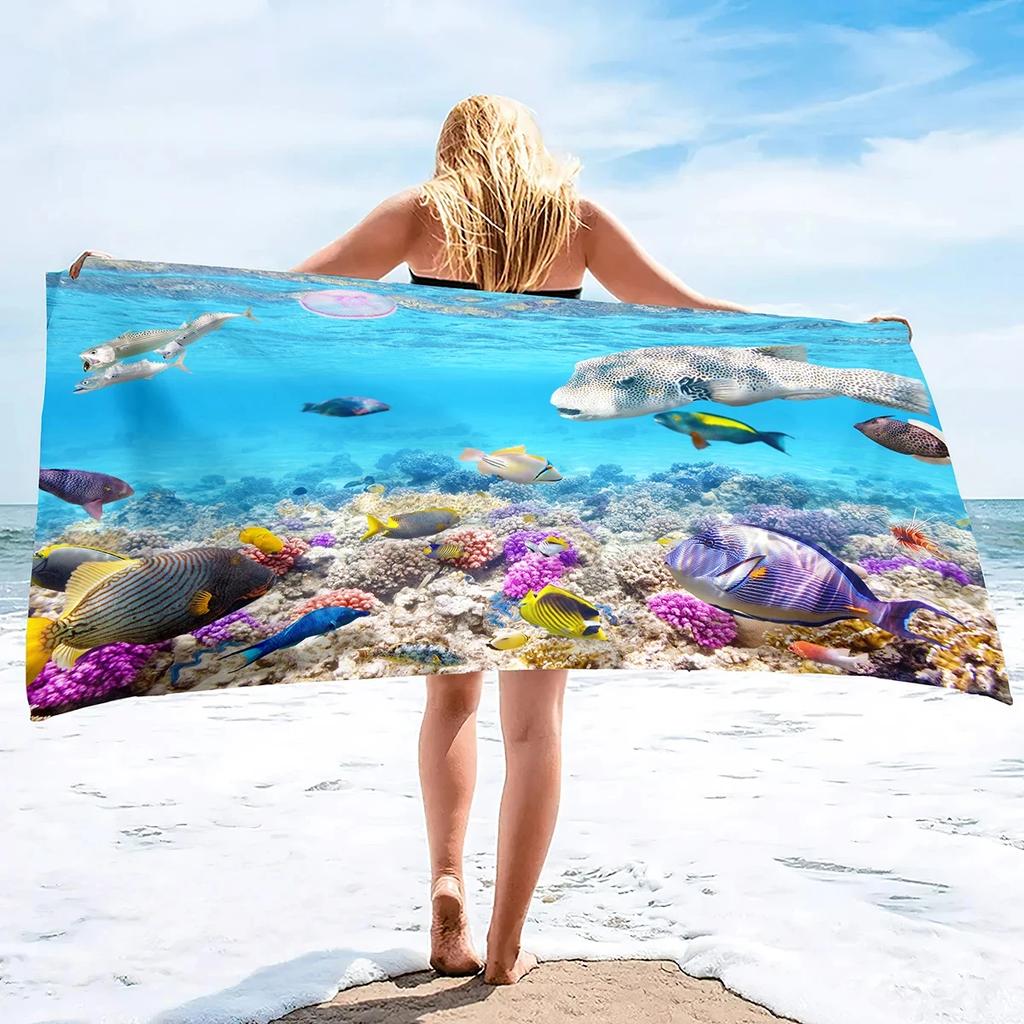 Sea World Beach Towel Cute Fish Bath Towel Polyester Ocean Coral Towels for Sport Spa Swim Yoga Travel Quick Dry Bikini Cover Up