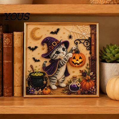 DIY Decorative Wall Hanging Halloween Cat Faux Pearl Painting Art Kit, Spooky 3D Beads Creative Gift Crafts, Cute Witch Gem for Adults, Craft