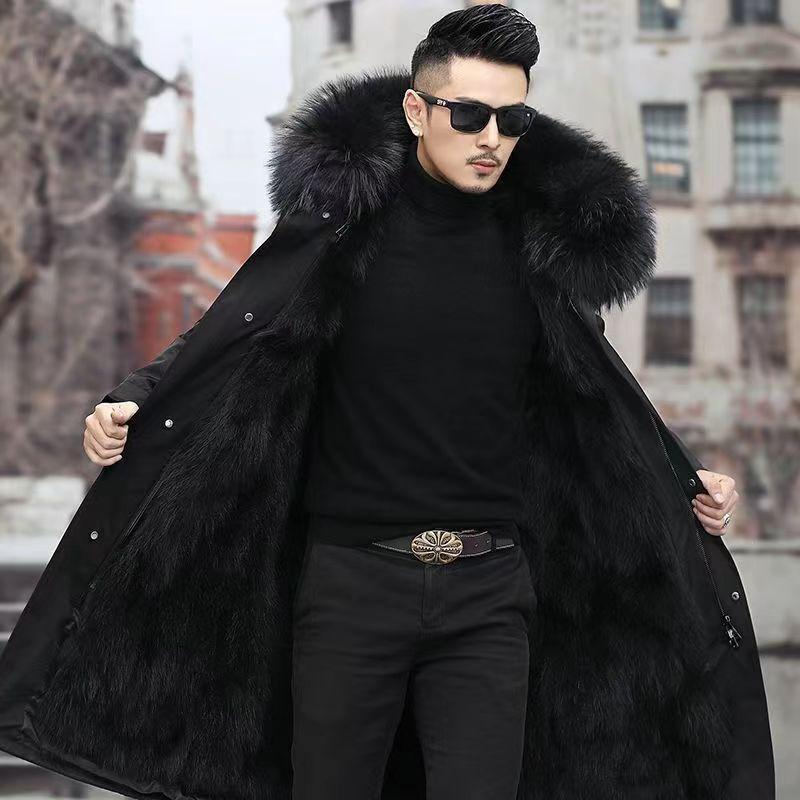 Pie overcome men's winter medium and long fur integrated winter thickened imitation fox fur jacket