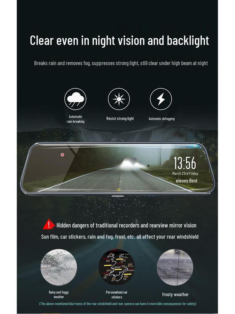 10" HD Dash Cam with Night Vision & Reversing Camera - New Streaming Media Rearview Mirror Recorder.