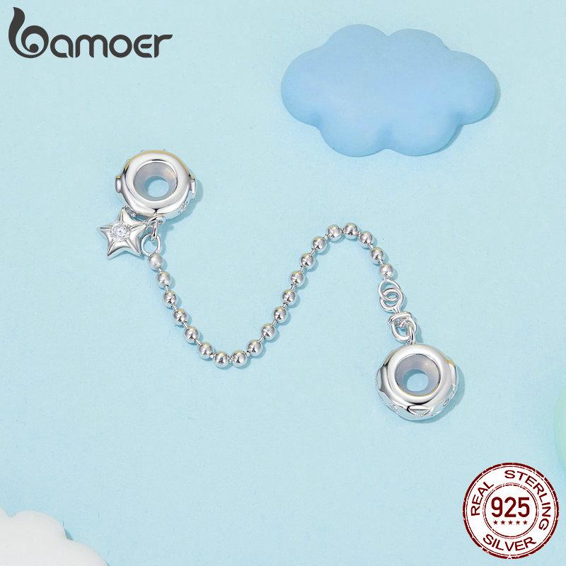 BAMOER 925 Sterling Silver Star and Moon Safety Chain Fit Bracelet for Women Gift Jewelry