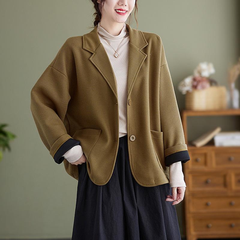 GMXIA Autumn Waffle Extra Suit Collar Short Loose Long-sleeved Top for Women