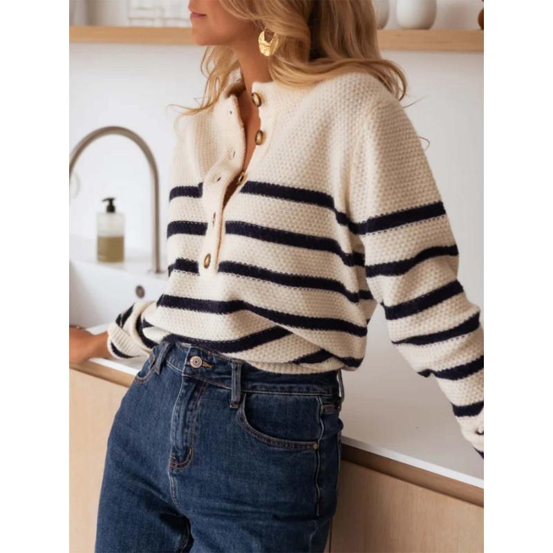 New Autumn and Winter Sweater Buttons Half-open Collar Striped Pullover Tops Fashionable Buttons Cardigan Sweater for Women