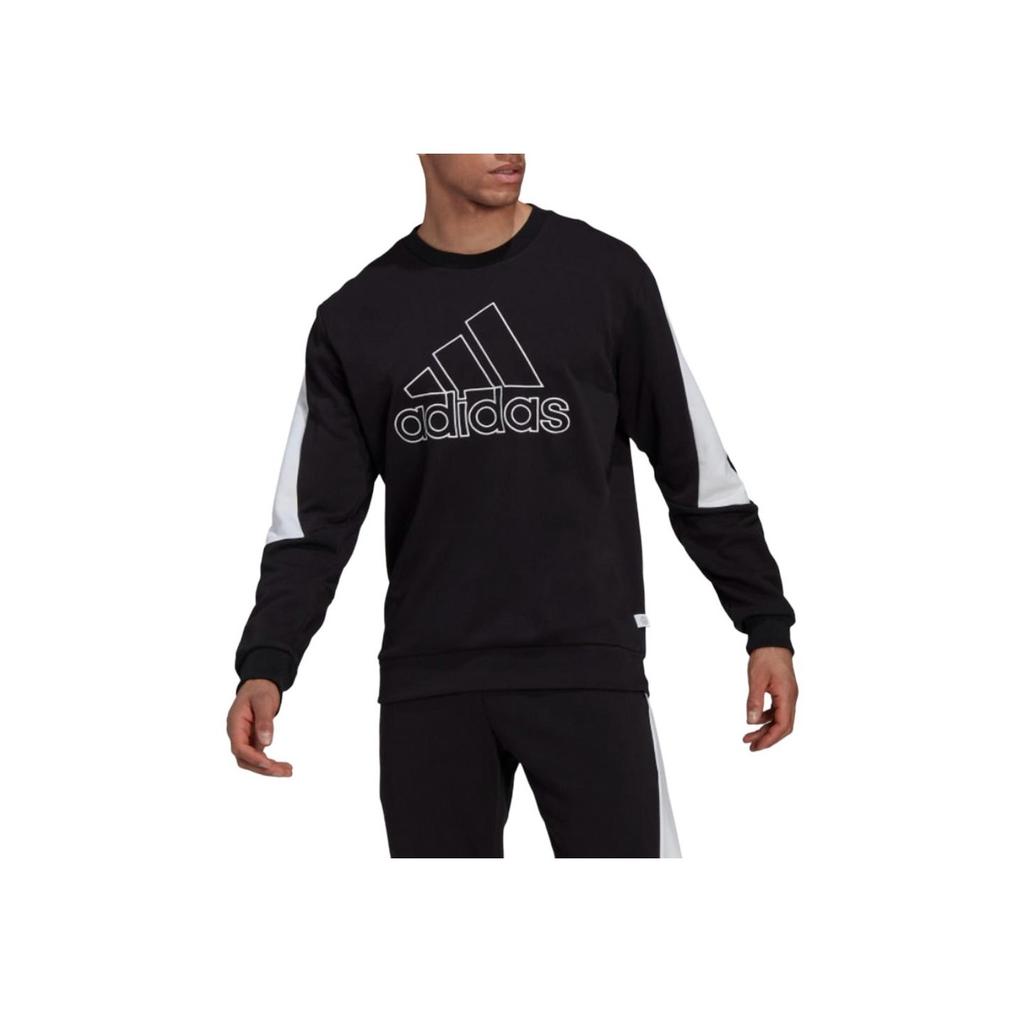 Adidas Striped Print Large Logo Crew Neck Sweatshirt Men Tops Black HK4539