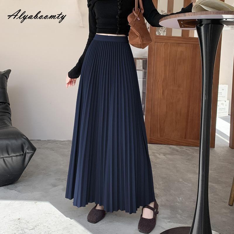 Elegant Fashion Autumn Winter Women Midi Skirt Elastic Waist Grey Black Purple Brown Navy Woolen Skirt Feminine Pleated Wool Warm Skirt