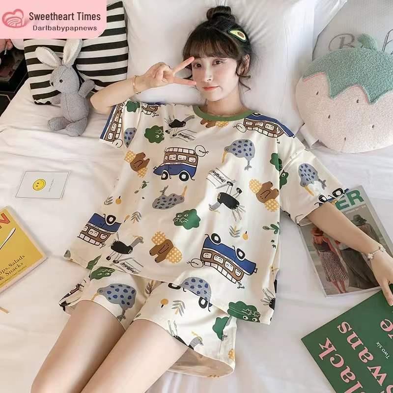 Women's Plus Size Summer Cartoon Pajama Set - Cute Donald Duck Short Sleeve Homewear