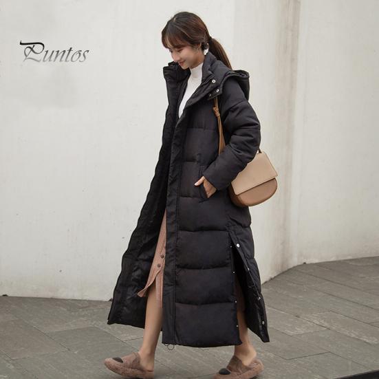 Women Cotton Coat Hooded Long Sleeve Pockets Side Slit Hem Down Jacket Solid Color Pockets Thickened Casual Outwear