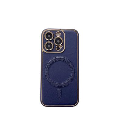 Artificial Leather Plating Logo Hole Magsafe Case for iPhone 12 11 13 14 Pro Max 14 Plus Hard Back Magnetic Shockproof Cover