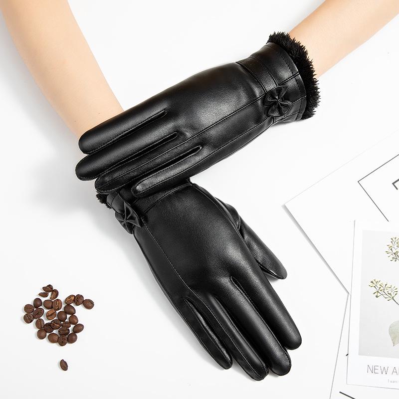 PU Leather Gloves for Women's Autumn and Winter Korean Version with Velvet Warm Windproof Waterproof Cold Riding Touch Screen