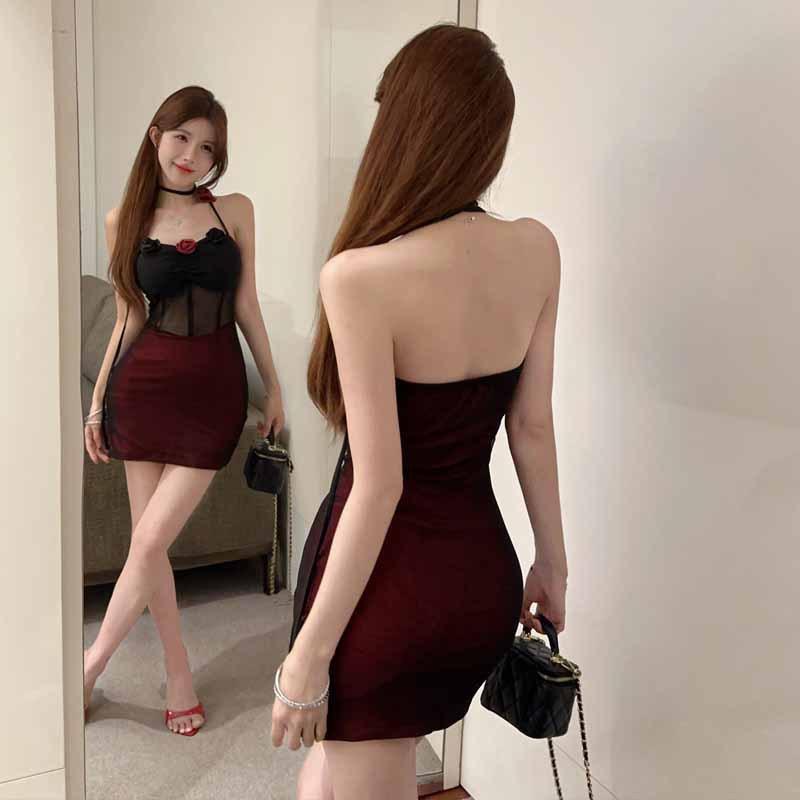 Sexy Spice Girl Skinny Double Mesh Splicing Tub Top Femininity Three-dimensional Flower Hollow Folds Hip Wrap Skirt Tide