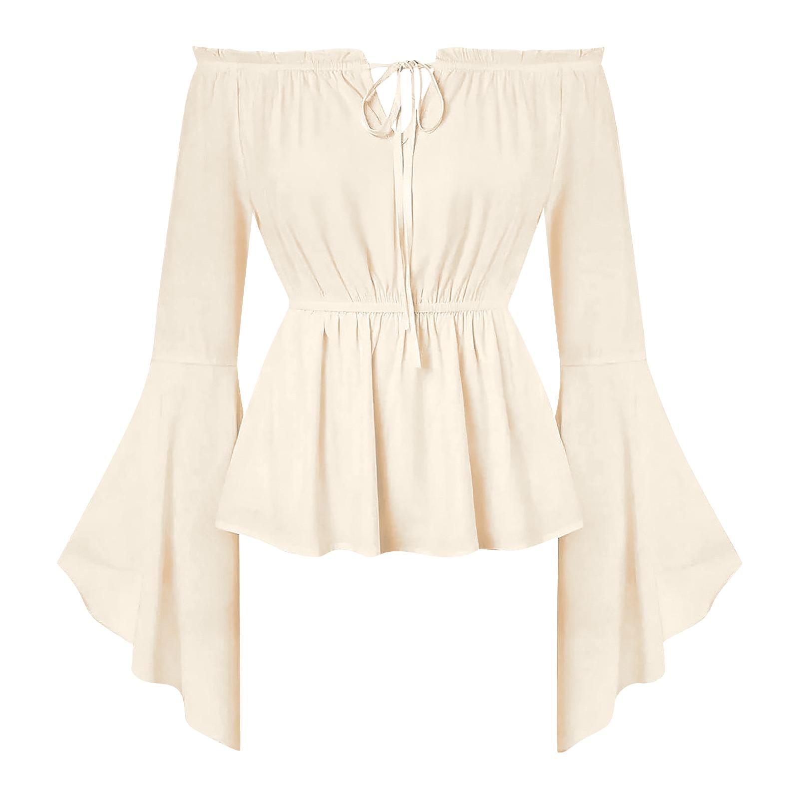 

Женская винтажная одежда рубашка рукав-колокол шнуровка топ M бежевый