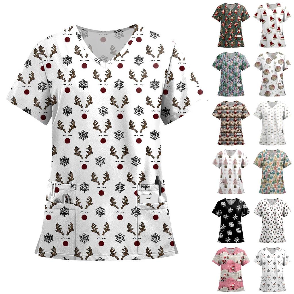 Women's Fashion Printed Short Sleeve V Neck Pattern Tops Pocket Working T-shirts