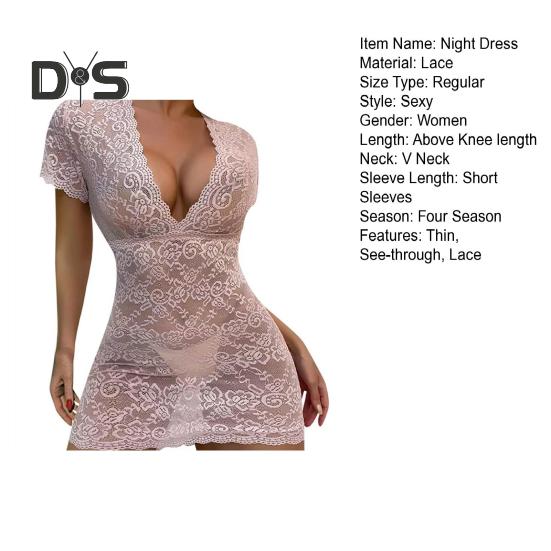 Women Night Dress See through Lace Sheath Skinny Thin Short Sleeve Low cut V Neck Flower Embroidery Pure Color Seductive Mini Nightgown